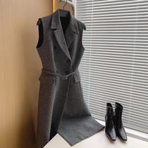 High and elegant three-dimensional cut long waistcoat sleeveless wool suit collar double-breasted waist dress for women