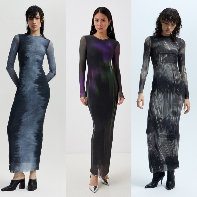 Russian Single L Brand Xs-Xl Artistic Print Breathable Mesh Slim Fit Long-Sleeve Dress for Tall Women