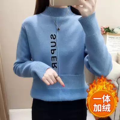 Plus velvet thick letter base shirt sweater autumn and winter New Korean one velvet half high neck sweater women's coat