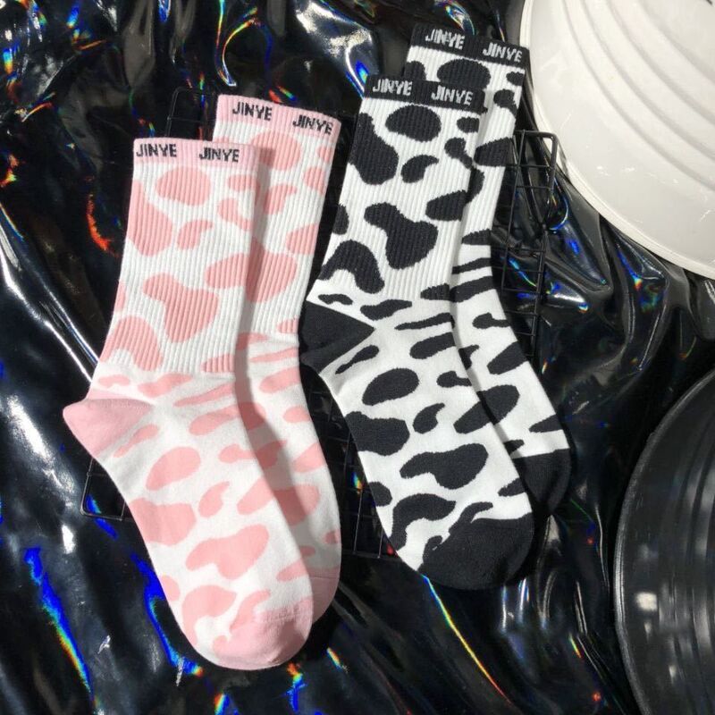 Women's Summer Thin Socks with Cow Stripe Pattern, Long Socks, Mid-Calf Floral High-Top Trendy Socks for Women ins Summer Socks
