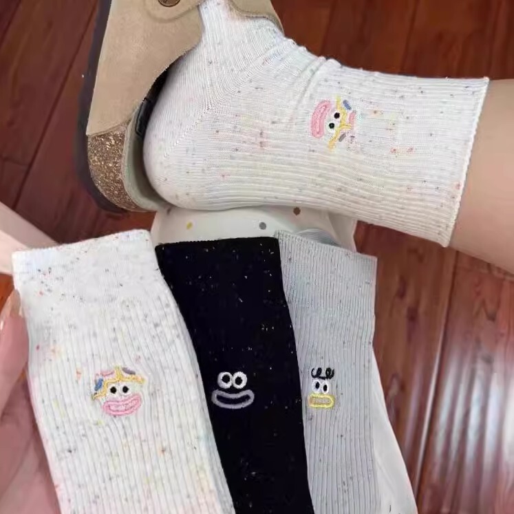 New Style Ugly-Cute Socks for Women, Autumn and Winter Mid-Calf Socks, Cartoon Quirky Expression Long Socks, Japanese Style, Trendy Cute Yarn Socks