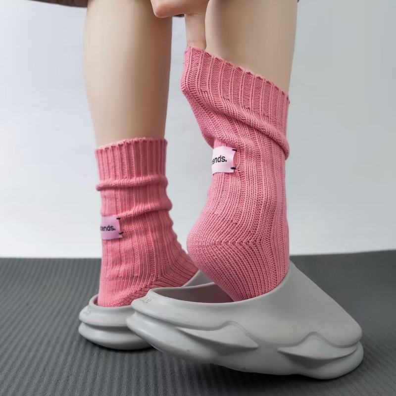 Autumn and Winter Socks for Women, Japanese Style, Pink Label, Solid Color, Thick Knit, Mid-Calf Socks, Unisex, Couple Socks, Versatile, Slouch Socks, Trendy