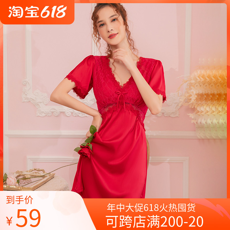 Sleepwear woman Summer with chest cushion Ice Lace Sexy Real Silk Short Sleeve Red Ben Year Silk Thin sleeping dress Silk