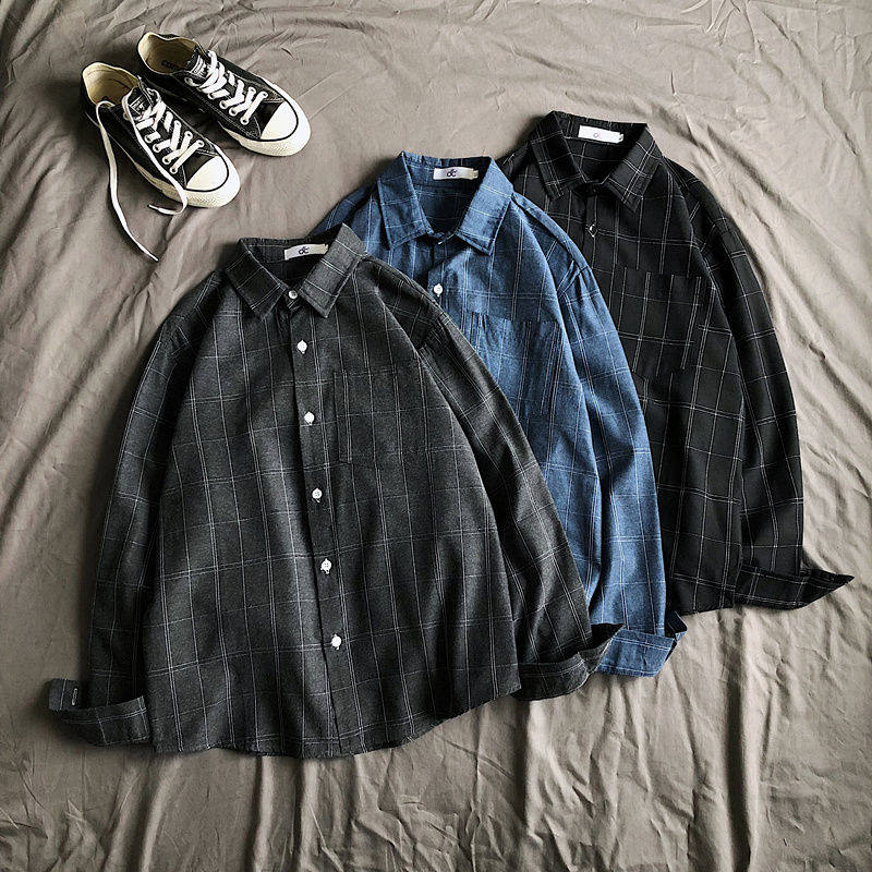 Port Wind Ins Plaid Shirt Men Loose Trend Spring Summer Casual Jacket 100 Lap Tooling Long Sleeve Shirt Suit