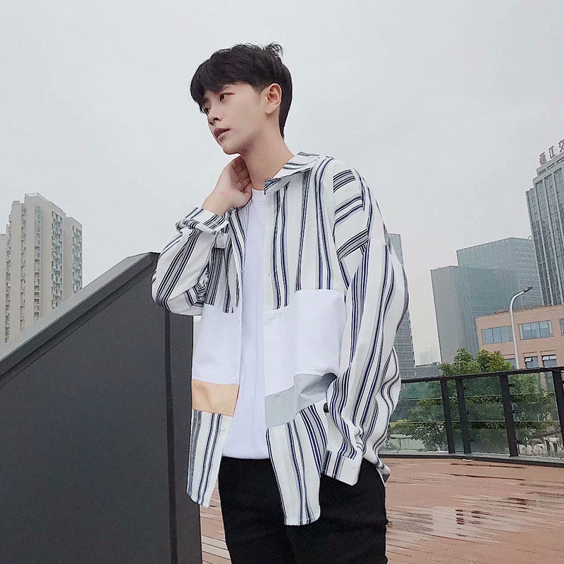 Hong Kong style ins striped shirt men's long-sleeved loose Korean jacket spring and autumn casual all-match student trend shirt