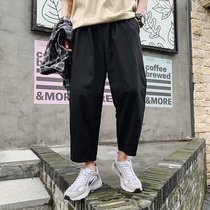 Spring and summer Hong Kong style overalls mens loose tide brand all-round straight halterneck pants nine-point wide-legged Dad casual pants