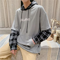 Autumn Japanese plaid fake two-piece sweater men loose Harajuku wind wild match student hooded lazy style couple jacket