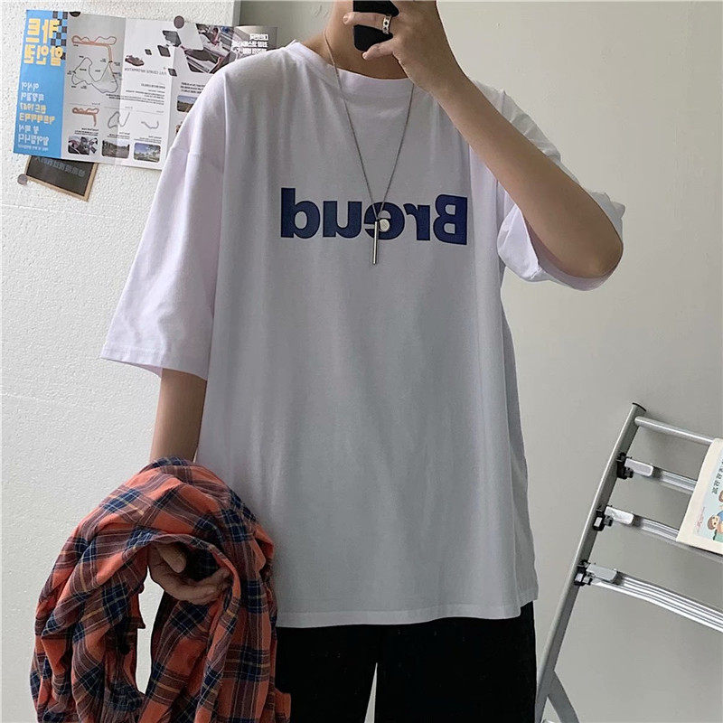 Hong Kong style all-match short-sleeved T-shirt men's Korean version of the trend ins loose five-point sleeves students super hot cec middle-sleeve clothes