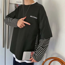 2021 spring and autumn new striped fake two-piece t-shirt mens fashion brand loose sweater cec couple outfit wild clothes