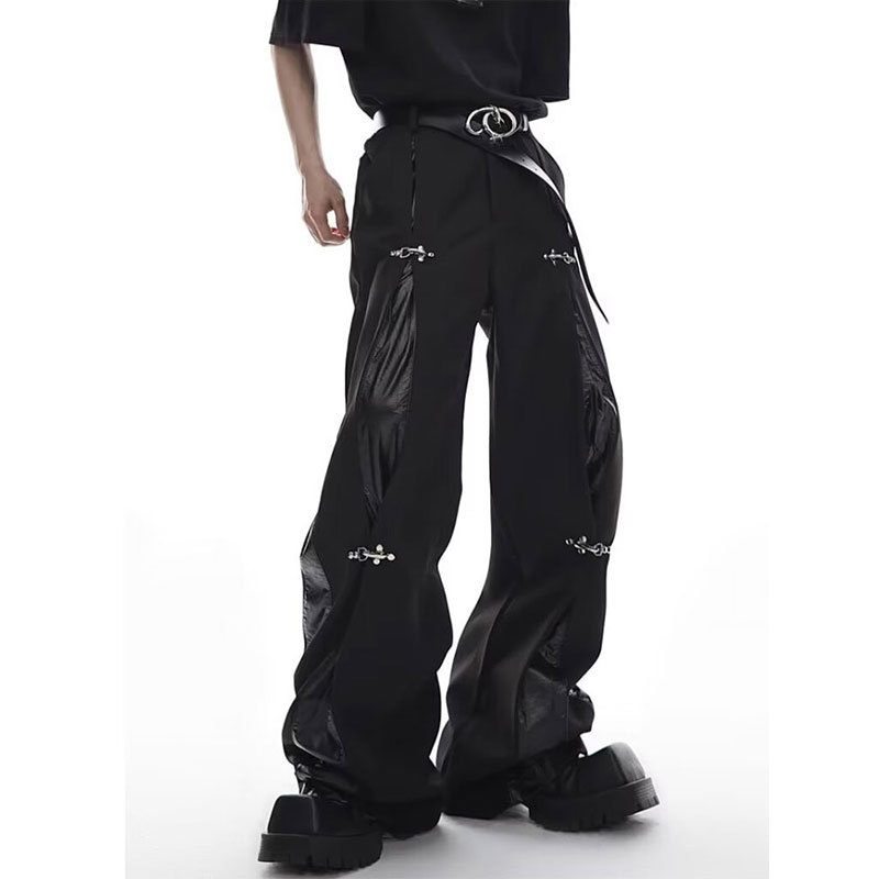 Trendy High Street Pants for Men with Unique Design, American Style, Cool and Stylish, Flared Wide-Leg Straight Casual Leather Pants