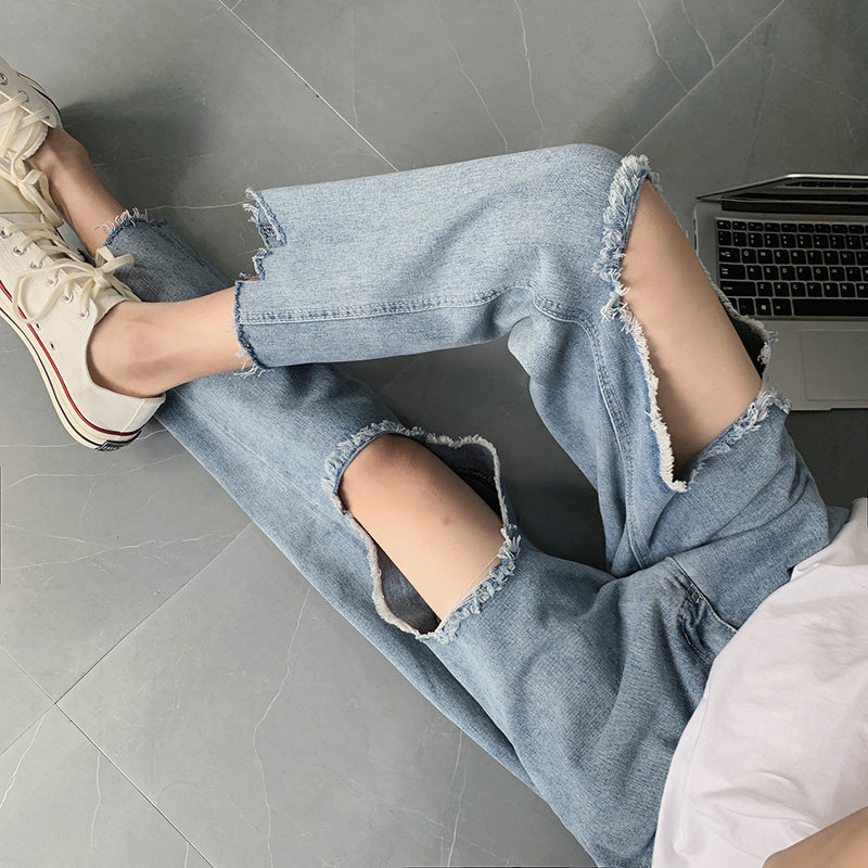 Spring Autumn Summer Harbor Wind Breaking Cave Jeans Male Korean version Trend Loose Straight Cylinder 90% Tide Card Couple Beggar Pants