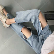 Spring Autumn Summer Harbor Wind Breaking Cave Jeans Male Korean version Trend Loose Straight Cylinder 90% Tide Card Couple Beggar Pants