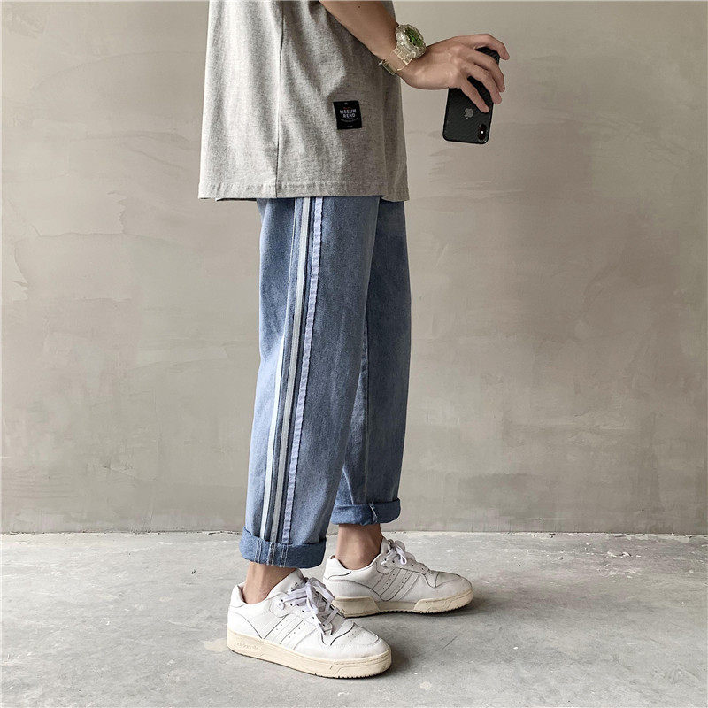 Port Wind Three Bar Jeans Male Net Red Ins Trend Easy Straight Drum Pants Teen Summer Casual 90% Pants