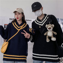 Korean version loose V-neck sweater mens autumn and winter Harajuku wind ins couple knitwear wild wool clothes