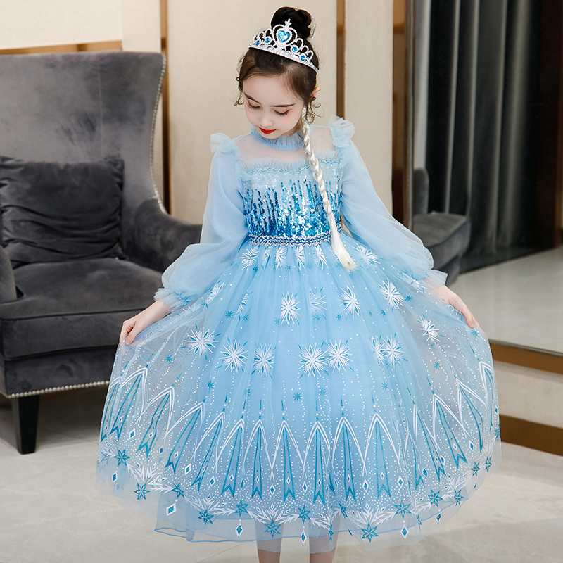 Elsa Princess Dress for Girls, Spring and Autumn Frozen Elsa Long-Sleeve Dress, High-End Original Elsa Dress for Summer