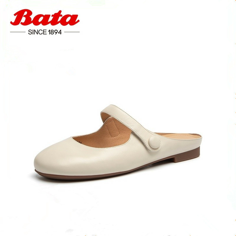 Bata Baotou Sandals for Women 2026 New Style Slip-On Genuine Leather Soft-Soled Doll Shoes Arm07Bh3