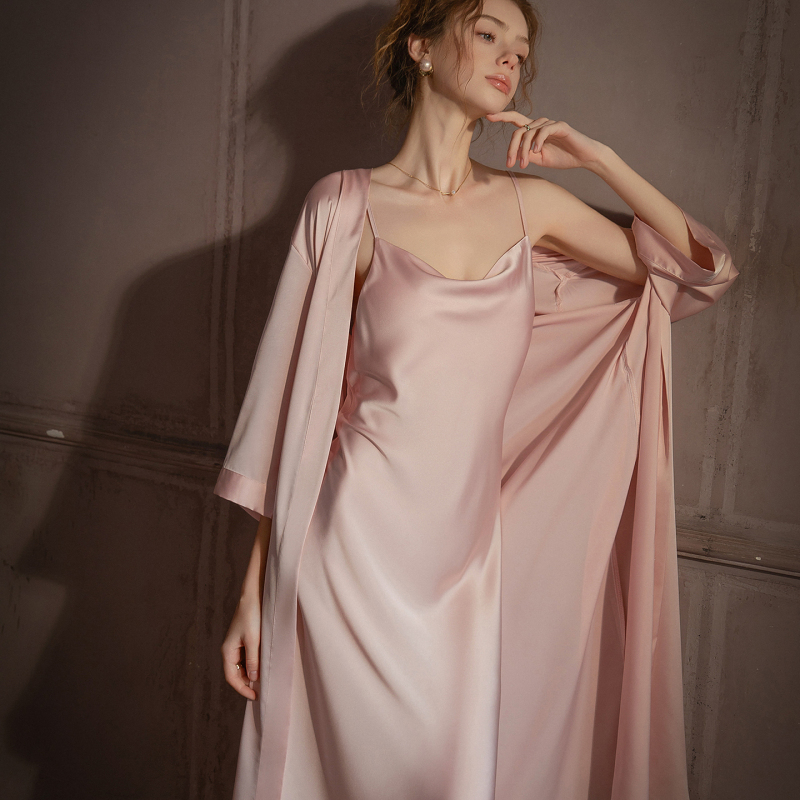 Uu's Wife's Sexy Silk Pajamas for Women, Summer Long Halter Neck Camisole Nightgown and Robe Two-Piece Set, High-End Pajamas