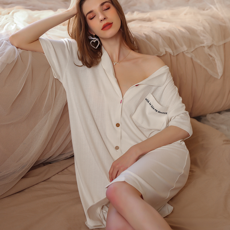 Vimirate pure cotton pyjamas short sleeves Long version Sexy shirt sleeping dress All cotton loose Large size Sizes Home Conserved Women Spring Summer