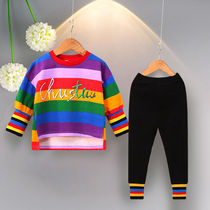 Girls suit 2021 autumn new Korean version baby girl long-sleeved rainbow casual childrens western-style striped two-piece suit