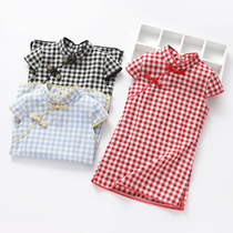 Girls cheongsam childrens 2021 summer foreign style little girl Chinese style dress checkered childrens baby Qipao