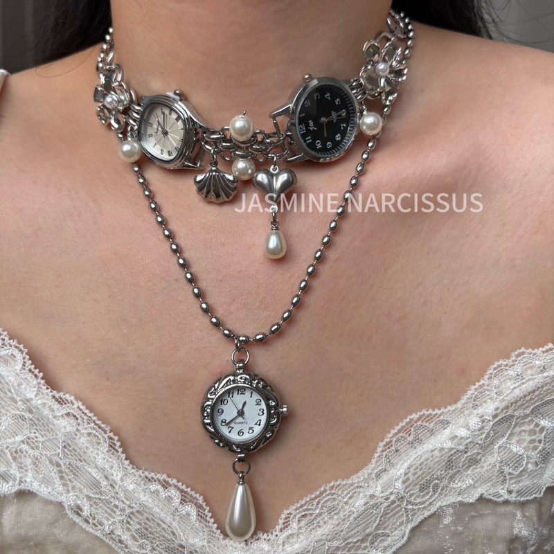 Original Design Black and White Niche Watch Choker Necklace Titanium Steel Punk Style Button Pearl Multi-Layered Stacking