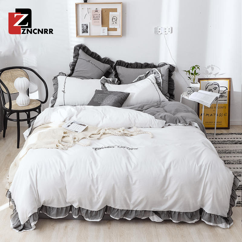 Washed cotton four-piece set European light luxury wind quilt Cotton pure cotton bedding ins Princess wind girl quilt cover