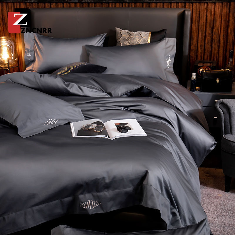 Nordic style four-piece set Cotton pure cotton 60 satin light luxury style simple bed quilt cover embroidery bedding