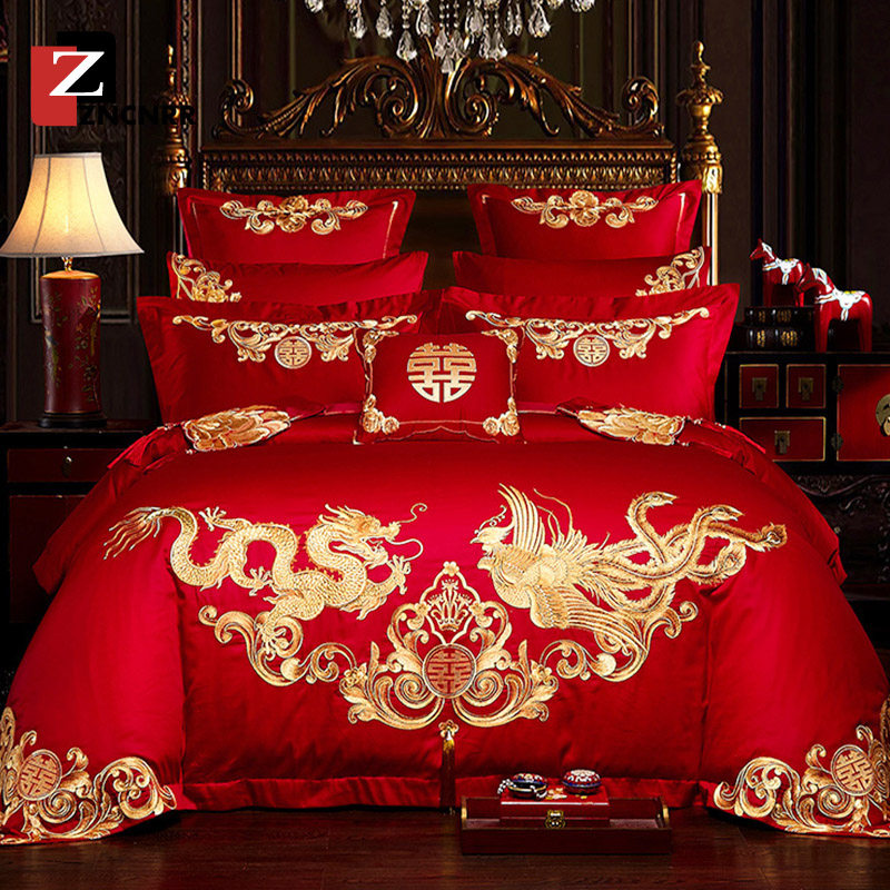Wedding bedding four-piece set Cotton pure cotton bed single red Chinese wedding quilt set Wedding high-grade six-piece set
