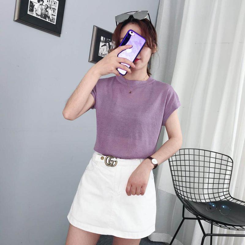 2018 mới hoang dã mỏng đội mũ trùm đầu nửa cao cổ áo mỏng ngắn tay áo len nữ băng lụa đáy áo sơ mi màu rắn áo nữ