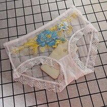 Female Regrets Thunderlace Briefs Embroidered Rose Flowers Mid-Waist Lady Mesh Yarn Clairvoyant bright single dress ultra-thin new