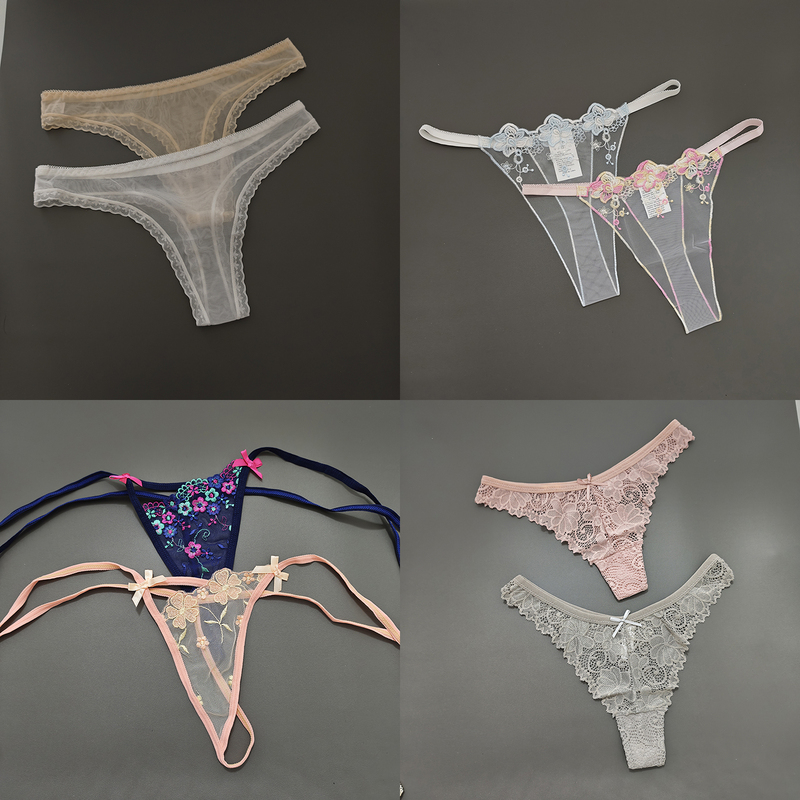 Sexy Women's Thong, Fully Transparent, Embroidered, Lace-Up, Lace Mesh, Seamless, Soft, Sheer, See-Through