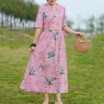 Original design retro printed round neck summer thin loose dress literary style color A- shaped pullover long skirt