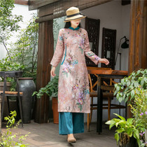 Autumn long sleeve vintage sand wash linen thin Chinese style literary dress slim inside full skirt