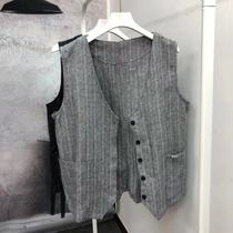 Original design volume linen V-collar slim striped loose sleeveless vest jacket cardigan literary style large size