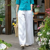 Summer new solid color linen pants loose lace up literary wind elastic waist women casual pants wide leg pants women Summer
