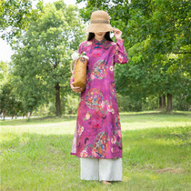 2021 pure linen old Shanghai dress retro literary stand collar long sleeve disc buckle medium length modified loose cheongsam