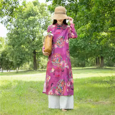 2021 pure linen old Shanghai dress retro literary stand collar long sleeve plate buckle medium and long version improved loose cheongsam