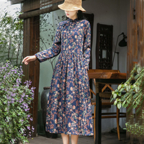 Vintage cotton linen floral dress women 2020 Autumn new full-edged dress women