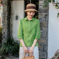Ramie embroidery full-edged lapel button solid color mid-sleeve shirt summer straight pullover top