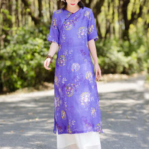 Original design retro literary style twill Ramie full-edged craftsmanship oblique flap buckle dress womens long skirt