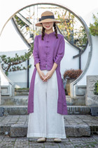 Flax full-edged retro literary style loose collar shirt pullover womens seven-sleeved top tea suit