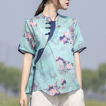 Ramie full-edged round neck cross-buckle printed summer retro literary style shirt original light blue top