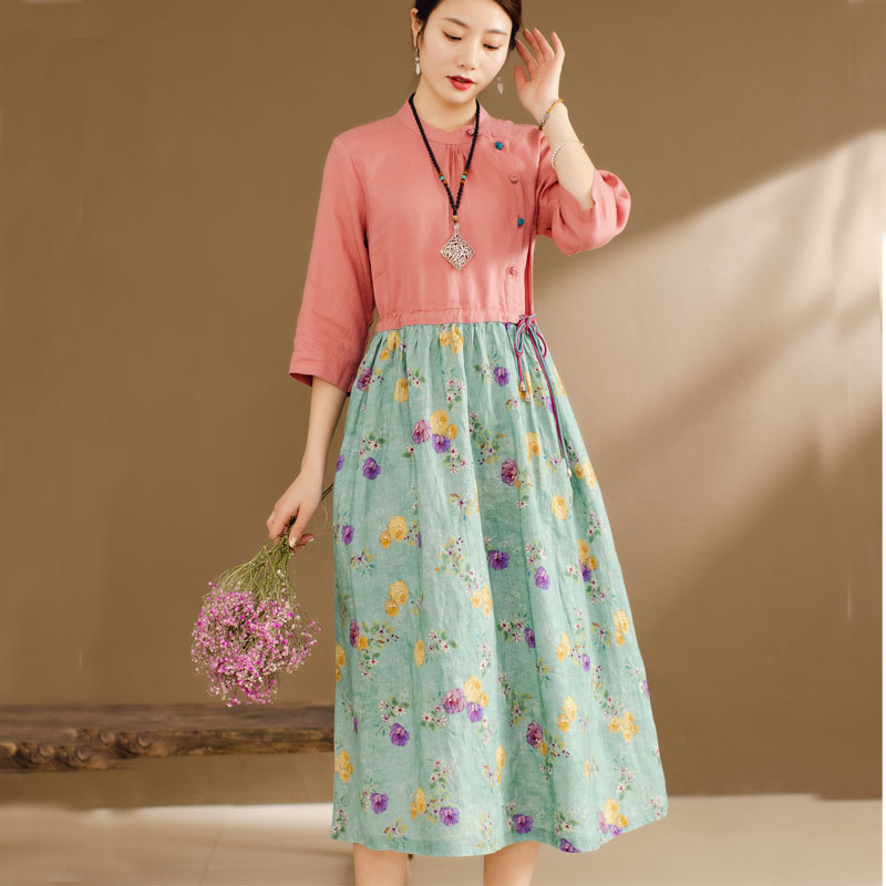 2022 Spring paragraph retro full-package edge round collar cover head collection waist color buckle cover head pure linen full-pack edge foreign dress woman