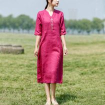 Retro pure linen embroidered small V collar slim loose size national dress waist sleeve dress summer
