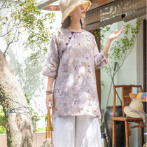 Original robe literary loose retro pure Ramie womens printed shirt with seven-point sleeve disc buckle thin size on
