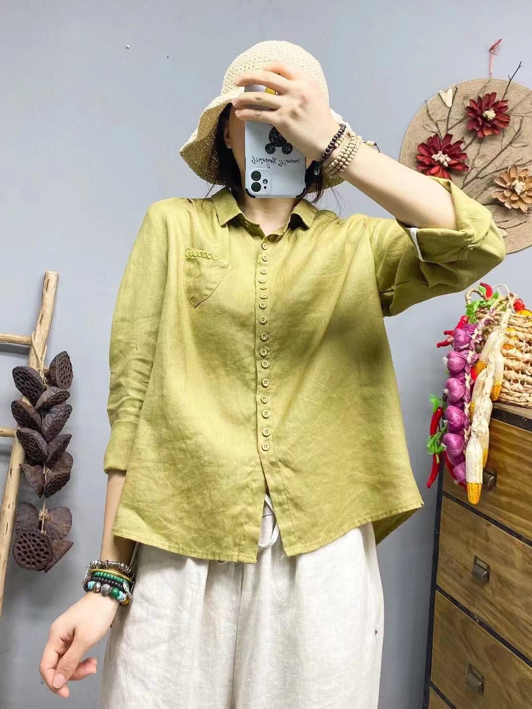 Retro Pure Linen Button Lapel Pocket Design Literary Style Shirt Slim Top Loose Temperament Versatile Long Sleeves
