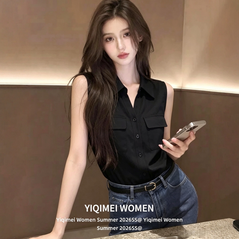 Black Polo Collar Sleeveless Shirt for Women, Summer Style, Elegant French Style, Stunning Single-Wear Top, Shirt, Vest Black Polo Collar Sleeveless Shirt for Women, Summer Style, Elegant French Style, Stunning Single-Wear Top, Shirt, Vest