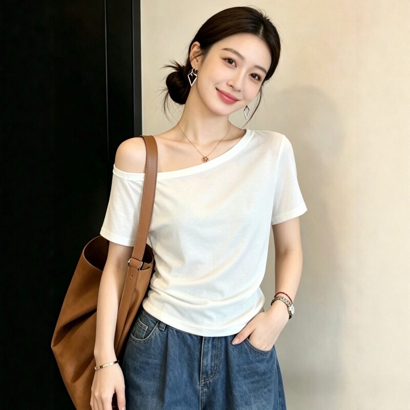 White Off-Shoulder Short-Sleeve T-Shirt for Women, 2026 New Summer Design, Stylish Slanted Shoulder, Trendy and Age-Reducing Top