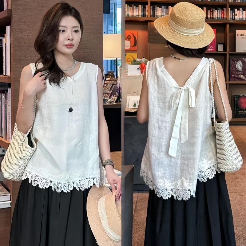 Lace Patchwork Sleeveless Linen Shirt for Women, Summer 2026 New Design with Back Tie Blouse Top Lace Patchwork Sleeveless Linen Shirt for Women, Summer 2026 New Design with Back Tie Blouse Top
