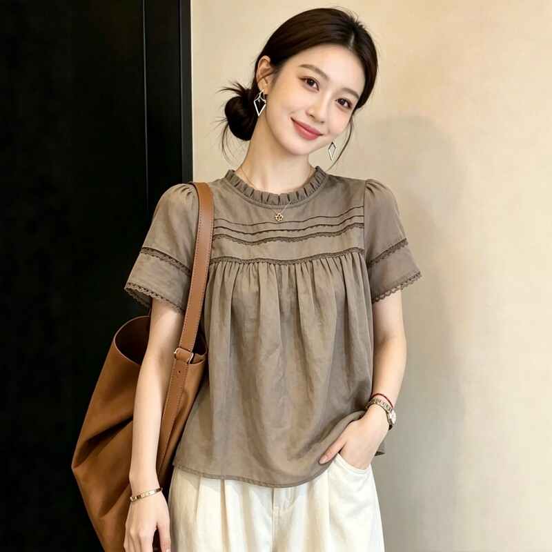 French Lace Collar Short-Sleeved Shirt for Women, Summer Patchwork Lace Trim, Super Trendy Age-Reducing Blouse, Shirt Top